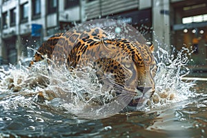 Majestic Jaguar Swimming Through Water, Splashes in Urban Flooded Street, Wildlife Endurance