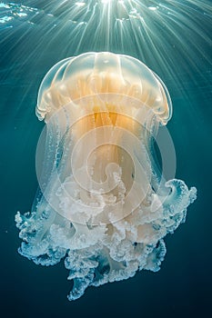 Majestic Jellyfish Floating Gracefully Underwater with Sun Rays Penetrating the Ocean Depth