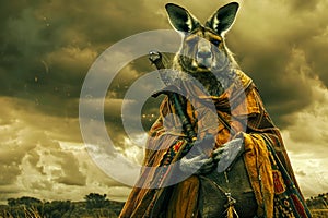 Majestic Kangaroo in Traditional Tribal Garb Against a Dramatic Sky Conceptual Wildlife Portrait