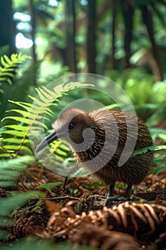 The majestic kiwi, a unique flightless bird adorned with fuzzy brown feathers and a distinct long beak, Ai Generated