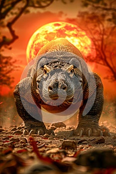 Majestic Komodo Dragon in a Surreal Landscape with Dramatic Orange Sunset Background, Wildlife Fantasy Concept