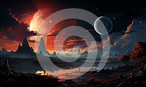 Majestic Landscape With Mountains and Planets
