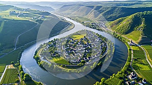 Majestic Landscapes: Captivating Aerial View of the Moselle River Bend in Rhineland-Palatinate, Germ