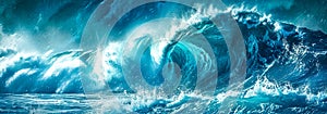 Majestic large ocean wave cresting with power and spray, a dynamic force of nature captured in blue tones.