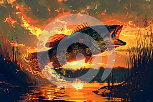 Majestic Largemouth Bass Leaping at Sunset in Scenic Lake Environment with Vibrant Colors