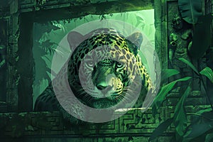 Majestic Leopard Lurking in Lush Jungle Foliage Wildlife Predator in Natural Habitat Illustration