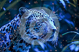 Majestic Leopard with Piercing Eyes Lurking in the Night Amidst Blue Illuminated Foliage