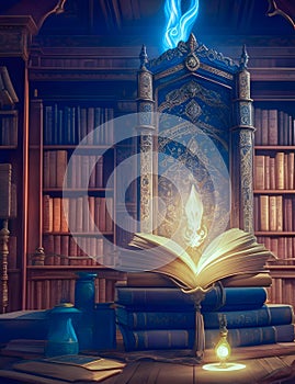 A majestic library filled with ancient books, illuminated letters flying from the pages