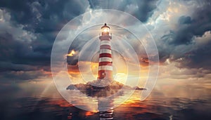 Majestic lighthouse guiding ships in radiant sunset, a beacon of hope and resilience