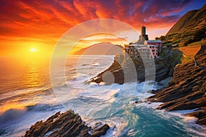 Majestic Lighthouse Perched on Ocean Cliff, Vernazza village and stunning sunrise, Cinque Terre, Italy, Europe, AI Generated