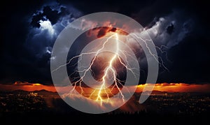 Majestic lightning bolt striking with intense brightness against the dark, ominous storm clouds, showcasing nature\'s raw