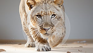 Majestic lion, endangered beauty, staring, walking, sitting, alertness, fur generated by AI