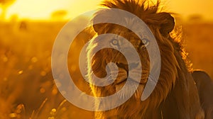 Majestic Lion in Golden Hour Light, Sunset Savanna King Portrait. Wildlife Photography with a Calm Royal Predator