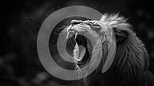 Majestic Lion Growling Fiercely in Black and White.