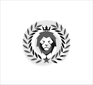 majestic lion head wearing crown inside wheat ear vector icon logo design symbol of luxury, strength, royal kingdom and dominance