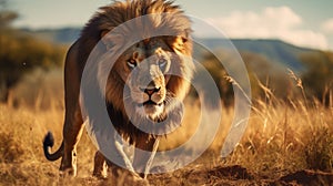 Majestic Lion With A Long Beard Grazing In Sunlit Field