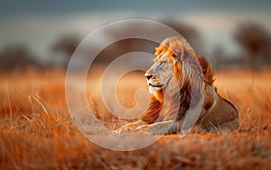 A majestic lion,mane flowing in wind as it rests on an open savannah at sunset, African wildlife