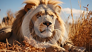 Majestic lion resting in the grass, looking at the sunset generated by AI