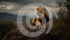 Majestic lion resting in the grass, looking at the sunset generated by AI