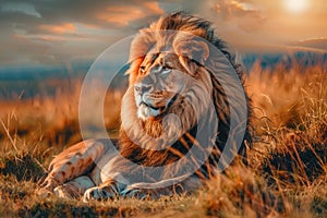 A majestic lion resting in the savannah.