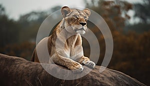 Majestic lion resting in the savannah, alertness in his eyes generated by AI