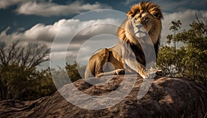 Majestic lion resting in the savannah, alertness in his eyes generated by AI