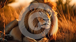 Majestic Lion Resting in Serene African Savanna at Golden Hour