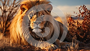 Majestic lion resting in the wilderness, sunset beauty in nature generated by AI