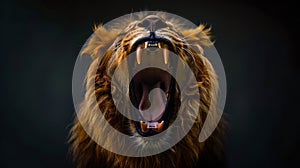 Majestic lion roaring against a dark background, capturing wildlife's raw power. Perfect for nature-themed projects