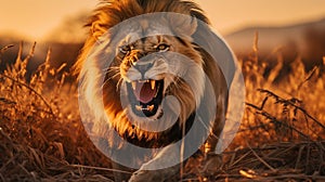 Majestic Lion Roaring in Fiery Sunset