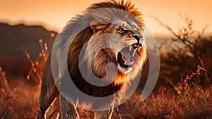 Majestic Lion Roaring in Fiery Sunset