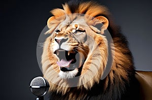 Majestic lion roaring into a microphone photo