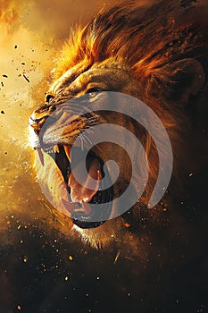 A majestic lion roaring powerfully in a fiery landscape photo