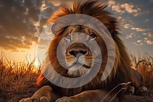 Majestic lion\'s portrait on savanna, Mount Kilimanjaro embraces the sunset