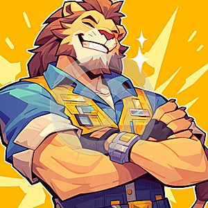 A majestic lion sanitation worker cartoon style