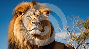 A majestic lion standing proud against a blue sky created with Generative AI