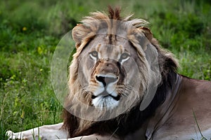 Majestic lion stares at camera, epitomizing beauty in nature