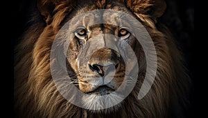 Majestic lion staring with alertness, beauty in nature strength generated by AI