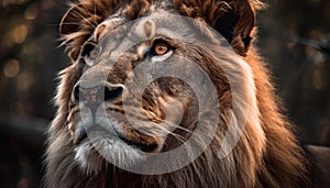 Majestic lion staring with alertness in savannah generated by AI