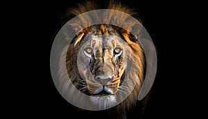 Majestic lion staring, close up portrait of Africa big cat generated by AI