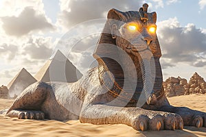 A majestic lion statue with glowing eyes guarding the pyramids in the desert photo