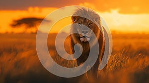 Majestic Lion Strolling Through Savannah at Sunset