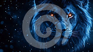 Majestic lion, winter night, glowing eyes, snowfall, fantasy art photo