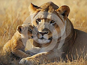 Majestic lioness cradles her playful cub, radiating love.