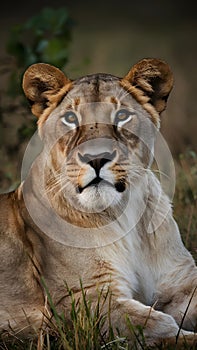 Majestic lioness gazes at camera, fur gleaming in wilderness photo