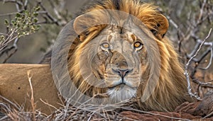 Majestic lioness resting in the grass, alertness in her eyes generated by AI