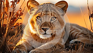 Majestic lioness resting in the grass, alertness in her eyes generated by AI