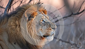 Majestic lioness resting in plain, alertness in selective focus generated by AI