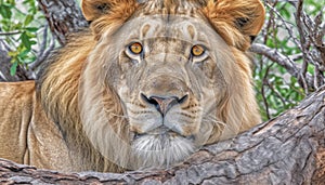 Majestic lioness resting in the savannah, alertness in her eyes generated by AI
