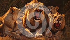 Majestic lioness roaring, protecting her playful cub in Africa generated by AI